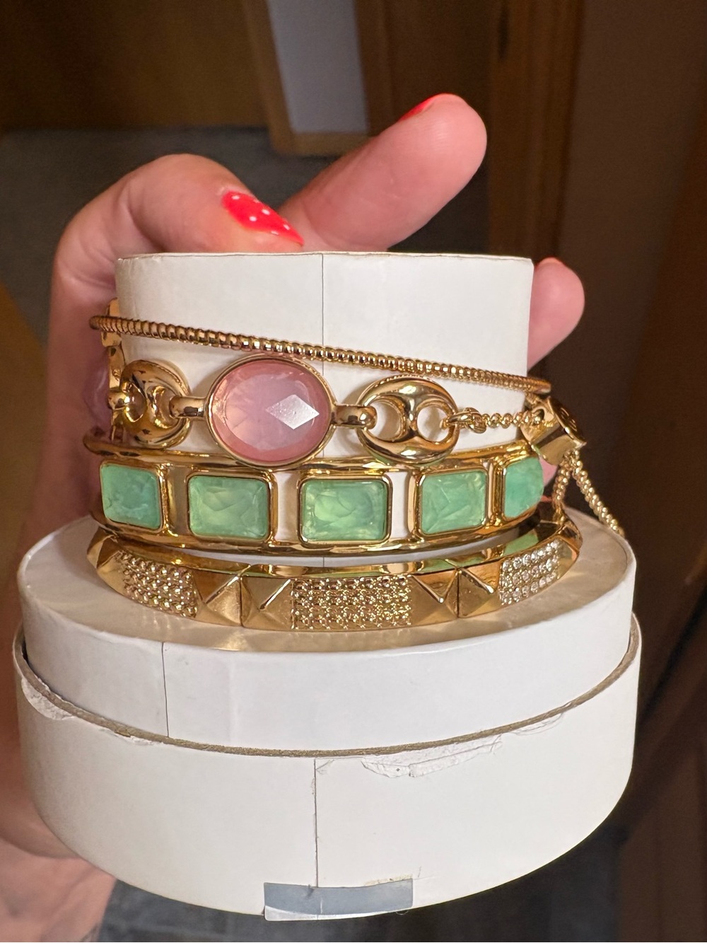 BP- Gold-Tone Layered Bracelet Set with Pink Stone & Mint Green Accents